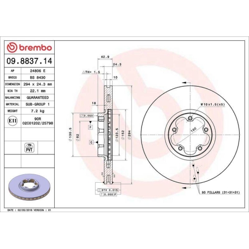 Bremsscheibe Brembo 09.8837.14 Prime Line f&uuml;r Ford Vorderachse