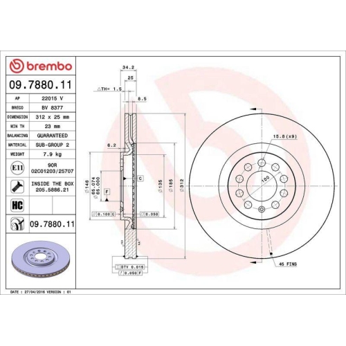 Bremsscheibe Brembo 09.7880.11 Prime Line - Uv Coated f&uuml;r Audi Seat Skoda VW