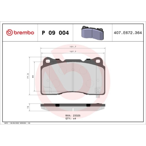 Bremsbelagsatz Scheibenbremse Brembo P09004 Prime Line f&uuml;r Chrysler Dodge Honda