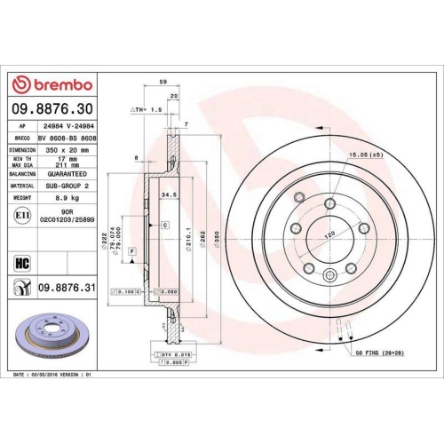 Bremsscheibe Brembo 09.8876.31 Prime Line - Uv Coated f&uuml;r Land Rover Hinterachse