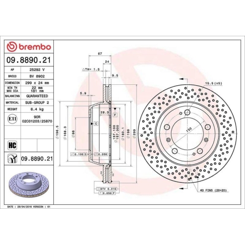 Brake Disc Brembo 09.8890.21 Prime Line - Uv Coated for Porsche Rear Axle