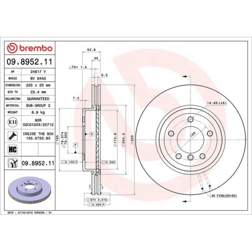 Brake Disc Brembo 09.8952.11 Prime Line - Uv Coated for Bmw Front Axle
