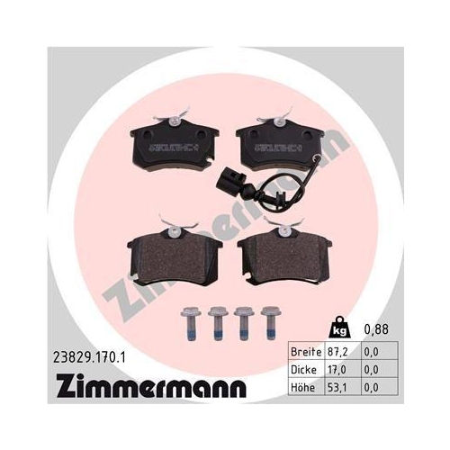 Brake Pad Set Disc Brake Zimmermann 23829.170.1 for Vag Rear Axle
