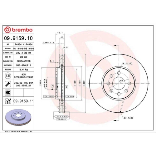 Bremsscheibe Brembo 09.9159.11 Prime Line - Uv Coated f&uuml;r Opel Vauxhall
