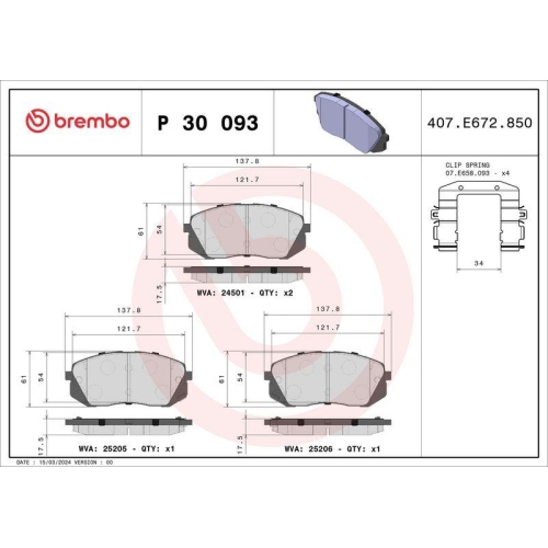 Bremsbelagsatz Scheibenbremse Brembo P30093 Prime Line f&uuml;r Hyundai Kia