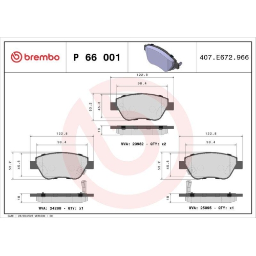 Bremsbelagsatz Scheibenbremse Brembo P66001 Prime Line f&uuml;r Opel Vauxhall Proton