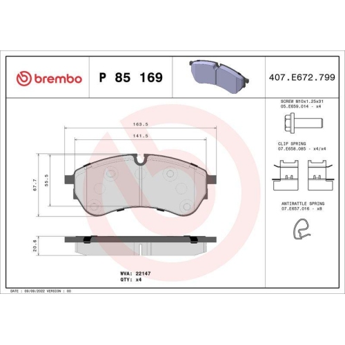 Bremsbelagsatz Scheibenbremse Brembo P85169 Prime Line f&uuml;r Man VW Hinterachse