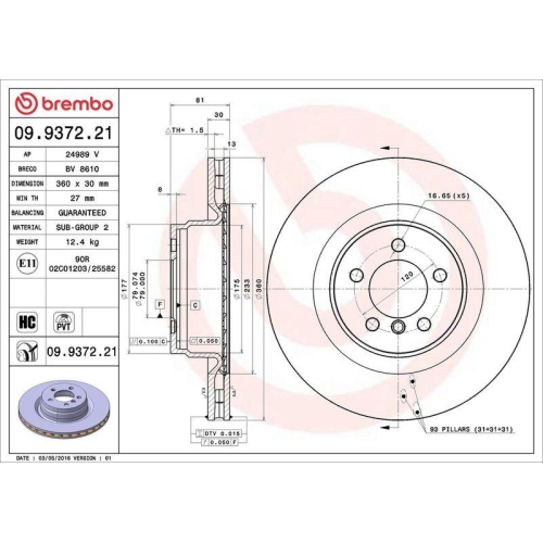 Bremsscheibe Brembo 09.9372.21 Prime Line - Uv Coated f&uuml;r Land Rover Vorderachse