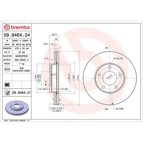 Brake Disc Brembo 09.9464.21 Prime Line - Uv Coated for Mazda Mazda (changan)