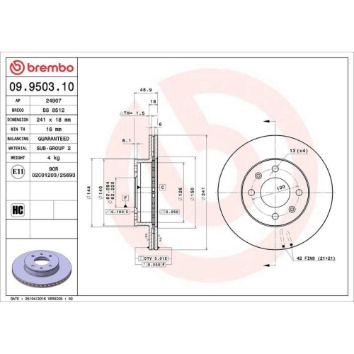 Brake Disc Brembo 09.9503.10 Prime Line for Hyundai Kia Naza Inokom Front Axle