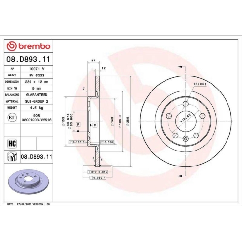 Bremsscheibe Brembo 08.D893.11 Prime Line - Uv Coated f&uuml;r Volvo Geely Volvo Asia