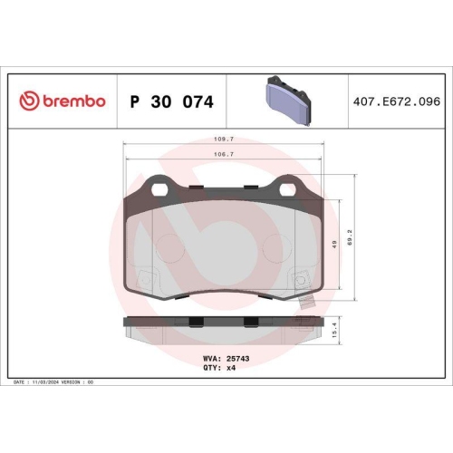 Bremsbelagsatz Scheibenbremse Brembo P30074 Prime Line f&uuml;r Hyundai Jeep Tesla