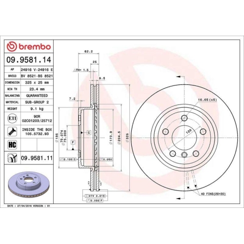 Bremsscheibe Brembo 09.9581.11 Prime Line - Uv Coated f&uuml;r Bmw Vorderachse
