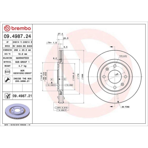 Bremsscheibe Brembo 09.4987.21 Prime Line - Uv Coated f&uuml;r Citro&euml;n Peugeot