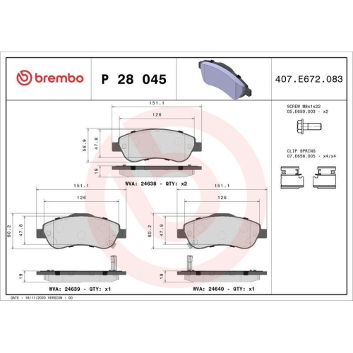 Bremsbelagsatz Scheibenbremse Brembo P28045 Prime Line f&uuml;r Honda Vorderachse