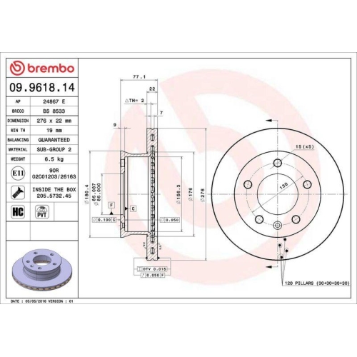Bremsscheibe Brembo 09.9618.14 Prime Line f&uuml;r Mercedes Benz Mercedes Benz