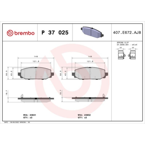 Bremsbelagsatz Scheibenbremse Brembo P37025 Prime Line f&uuml;r Jeep Hinterachse