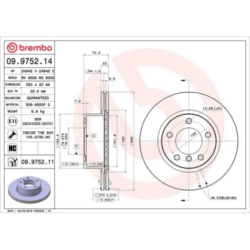 Bremsscheibe Brembo 09.9752.11 Prime Line - Uv Coated f&uuml;r Bmw Bmw (brilliance)