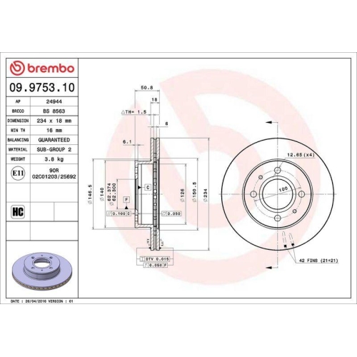Bremsscheibe Brembo 09.9753.10 Prime Line f&uuml;r Hyundai Inokom Vorderachse
