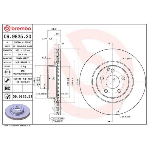 Bremsscheibe Brembo 09.9825.21 Prime Line - Uv Coated f&uuml;r Mercedes Benz