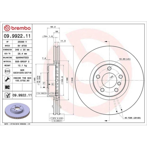 Brake Disc Brembo 09.9922.11 Prime Line - Uv Coated for Bmw Front Axle