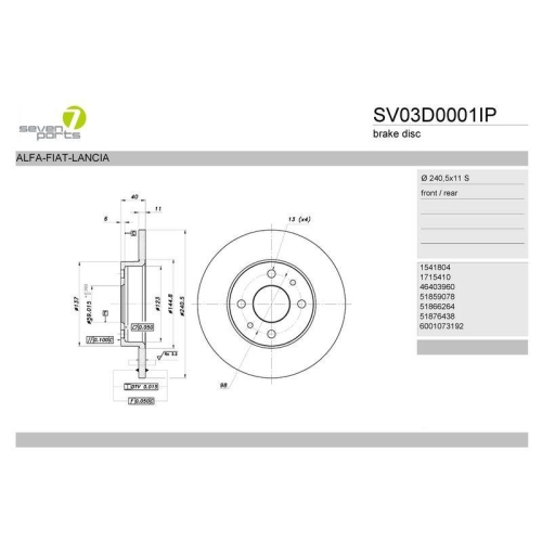 Bremsscheibe 7 Seven Parts SV03D0001IP f&uuml;r Alfa Romeo Fiat Ford Lancia Zastava