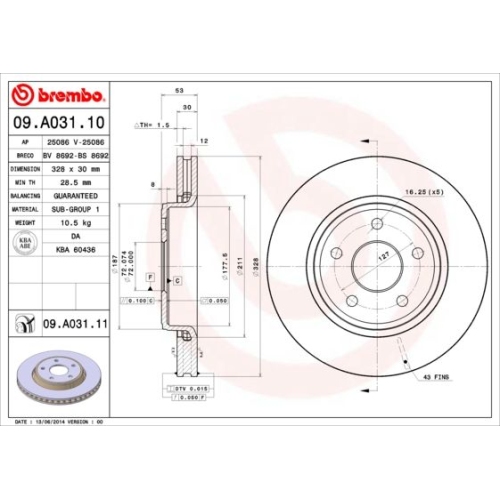 1X Brembo Bremsscheibe Vorderachse Prime Line f&uuml;r Jeep