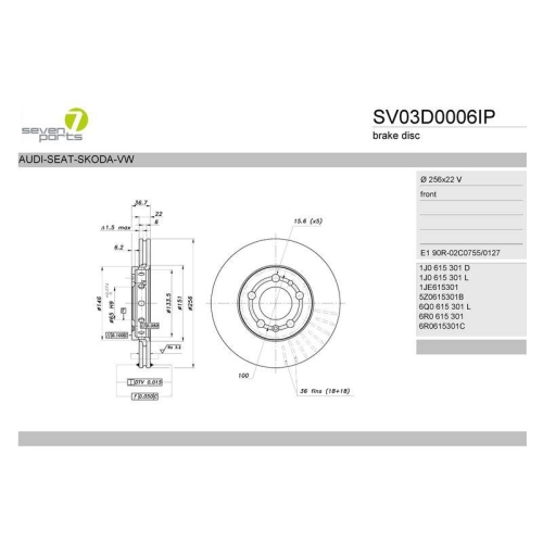 Bremsscheibe 7 Seven Parts SV03D0006IP f&uuml;r Audi Seat Skoda VW Vorderachse