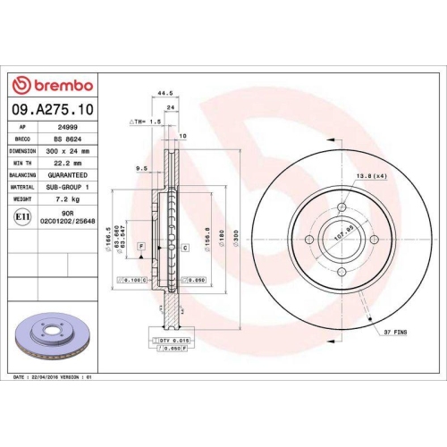 Brake Disc Brembo 09.A275.10 Prime Line for Ford Front Axle
