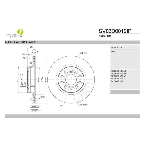 Bremsscheibe 7 Seven Parts SV03D0019IP f&uuml;r Audi Seat Skoda VW Vorderachse