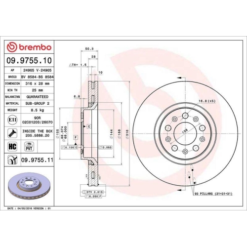 Bremsscheibe Brembo 09.9755.11 Prime Line - Uv Coated f&uuml;r Volvo Volvo Asia