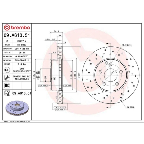 Bremsscheibe Brembo 09.A613.51 Prime Line - Uv Coated f&uuml;r Mercedes Benz