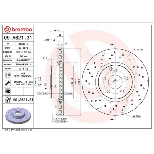 Bremsscheibe Brembo 09.A621.31 Prime Line - Uv Coated f&uuml;r Mercedes Benz