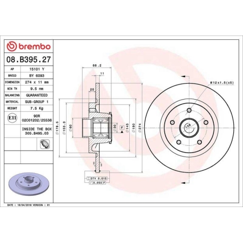 Bremsscheibe Brembo 08.B395.27 Prime Line - With Bearing Kit f&uuml;r Mercedes Benz
