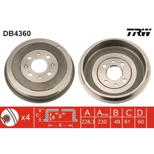Brake Drum Trw DB4360 for Fiat Opel Vauxhall Rear Axle