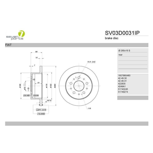 Bremsscheibe 7 Seven Parts SV03D0031IP f&uuml;r Citro&euml;n Fiat Peugeot Hinterachse