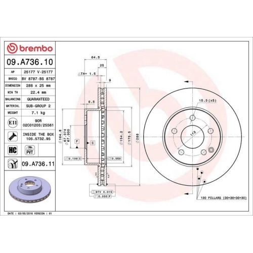 Brake Disc Brembo 09.A736.11 Prime Line - Uv Coated for Mercedes Benz Front Axle