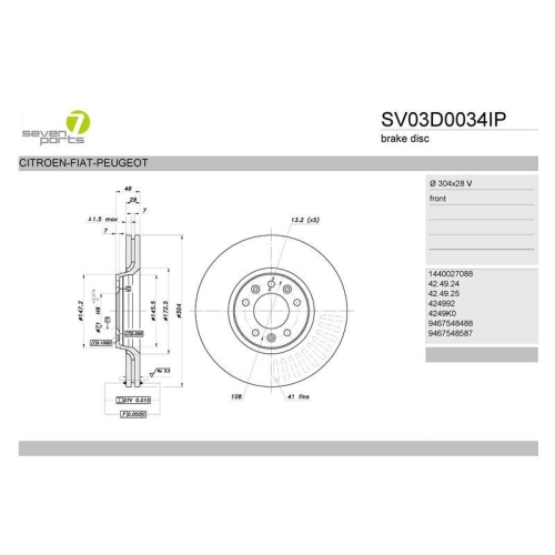 Bremsscheibe 7 Seven Parts SV03D0034IP f&uuml;r Citro&euml;n Fiat Peugeot Toyota