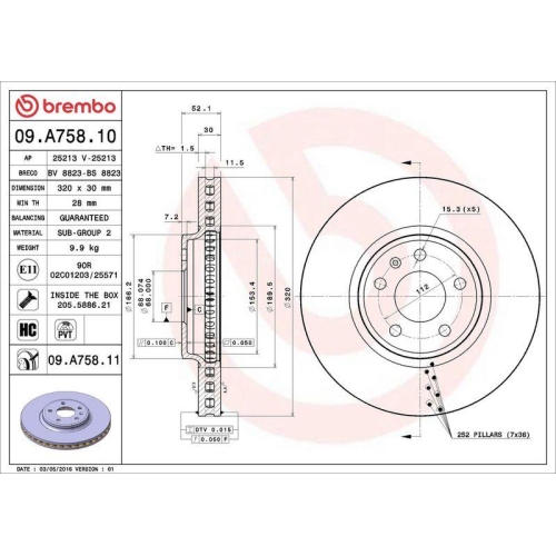 Bremsscheibe Brembo 09.A758.11 Prime Line - Uv Coated f&uuml;r Audi Audi (faw)