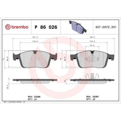 Bremsbelagsatz Scheibenbremse Brembo P86026 Prime Line f&uuml;r Volvo Vorderachse