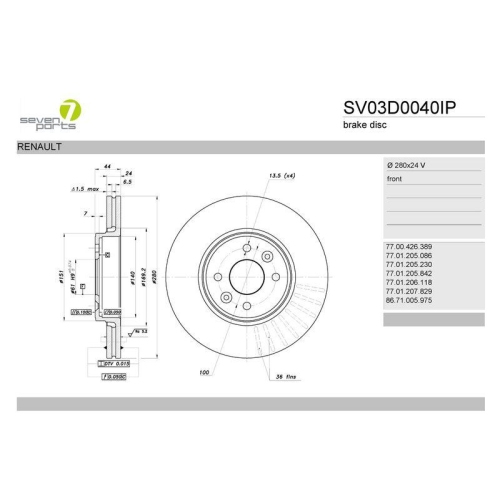 Bremsscheibe 7 Seven Parts SV03D0040IP f&uuml;r Dacia Renault Vorderachse