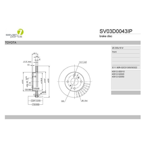 Bremsscheibe 7 Seven Parts SV03D0043IP f&uuml;r Toyota Vorderachse