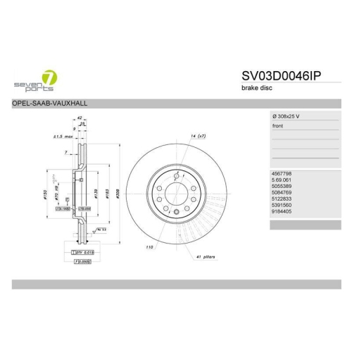 Bremsscheibe 7 Seven Parts SV03D0046IP f&uuml;r Opel Saab Vauxhall Vorderachse