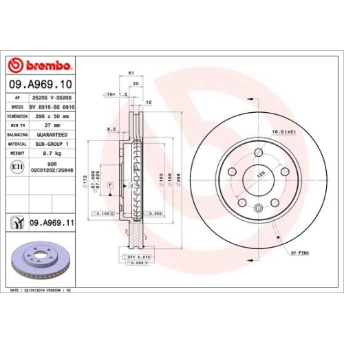 1X Brembo Bremsscheibe Prime Line f&uuml;r Opel Saab Vauxhall Chevrolet Buick