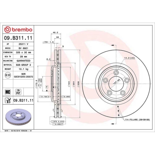 Bremsscheibe Brembo 09.B311.11 Prime Line - Uv Coated f&uuml;r Daimler Jaguar