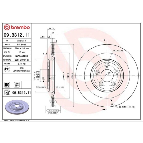 Bremsscheibe Brembo 09.B312.11 Prime Line - Uv Coated f&uuml;r Daimler Jaguar
