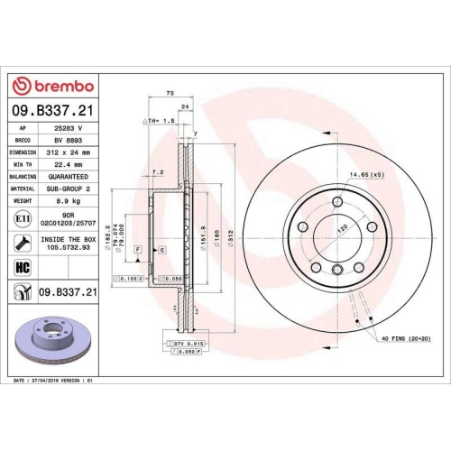 Bremsscheibe Brembo 09.B337.21 Prime Line - Uv Coated f&uuml;r Bmw Bmw (brilliance)