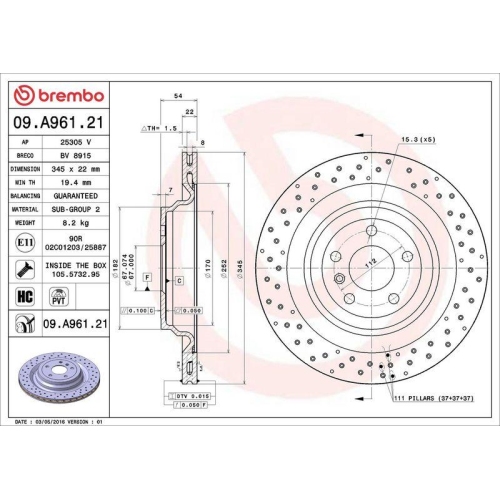 Bremsscheibe Brembo 09.A961.21 Prime Line - Uv Coated f&uuml;r Mercedes Benz Brabus