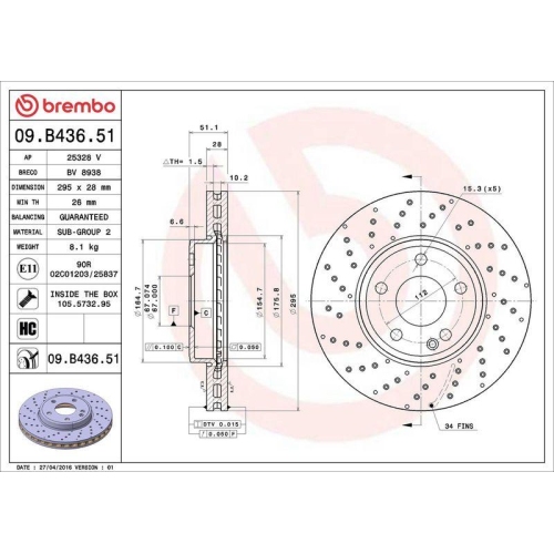 Bremsscheibe Brembo 09.B436.51 Prime Line - Uv Coated f&uuml;r Mercedes Benz