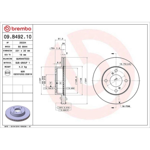 Bremsscheibe Brembo 09.B492.10 Prime Line f&uuml;r Nissan Suzuki Vorderachse